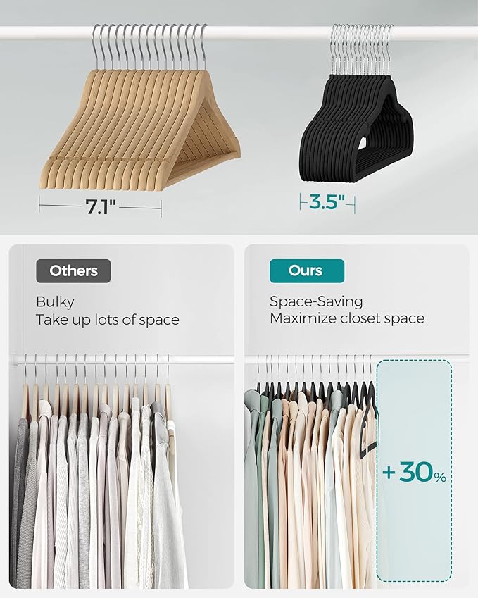 SONGMICS Velvet Hangers 50 Pack, Non-Slip Clothes Hangers, with Shoulder Notches, Pants Bar, 360° Swivel Hook, Space-Saving, for Closet, Ink Black UCRF029B05