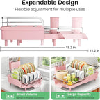 SAYZH Dish Drying Rack - Expandable Dish Rack for Kitchen Counter, Rust-Resistant Dish Drainer with Utensil Holder and Raised Guardrail, Kitchen Organizer for Cup and Bottle (Pink)