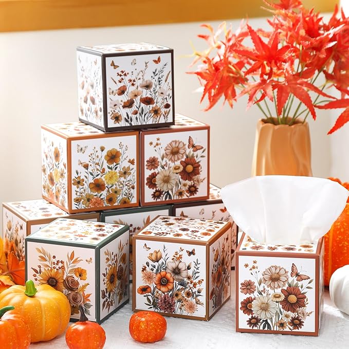 12 Pack Fall Wildflower Floral Facial Tissues Cube Boxes 600 Sheets 3 Ply Autumn Small Flower Square Face Tissues Bulk for Thanksgiving Day Car Bedroom Party Supplies