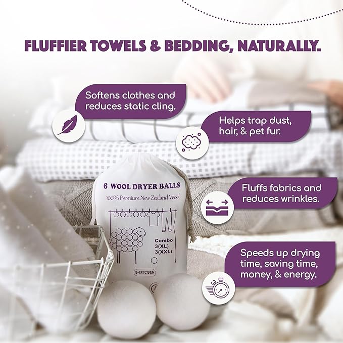 Wool Dryer Balls XL 6-Pack (3 XXL + 3 XL) – 100% New Zealand Wool, Hypoallergenic, Chemical-Free Fabric Softener – Reusable for 1,500+ Loads – Anti-Static & Baby-Safe