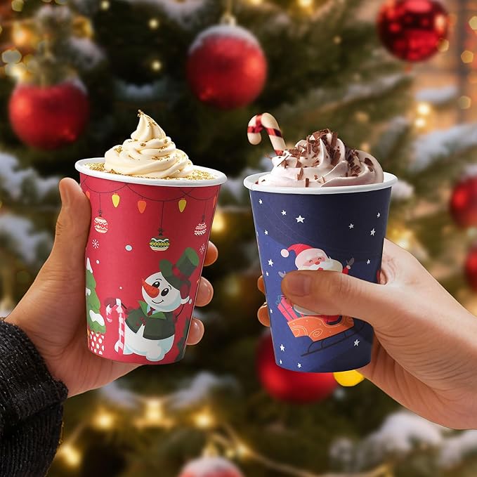 100 Pack 12 oz Christmas Coffee Cups with Lids, Disposable Paper Coffee Cups for Hot/Cold Drinks Office Home Shop Event (Two Colors)