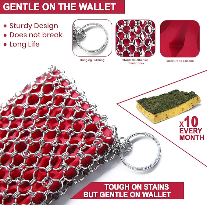 Cast Iron Scrubber Kit + Pan Scraper - 316 Cast Iron Chainmail Scrubber - Skillet Cleaner Scrubber - Cast Pan Scrubber Cleaner - Chainmail Chain Scrubber - Silicone Sponge - Dishwaher Safe