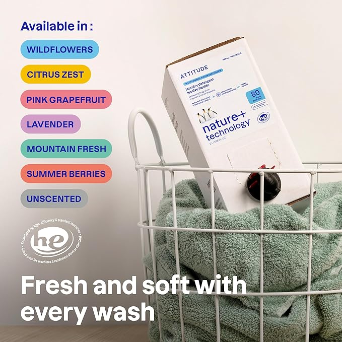 ATTITUDE Liquid Laundry Detergent Refill, EWG Verified, HE Compatible, Plant-Based & Vegan, Natural Laundry Soap, Summer Berries Scent, 80 Loads, 67.6 Fl Oz