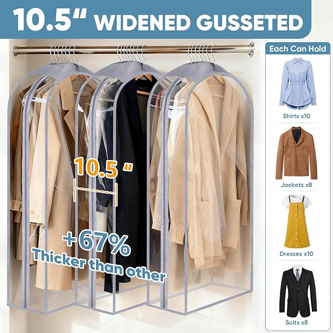 BALEINE 40'' Clear Garment Bags, 10.5'' Wide PEVA Suit Bag for Closet Clothes Dresses Suit Coats Storage (Clear, 9PK)