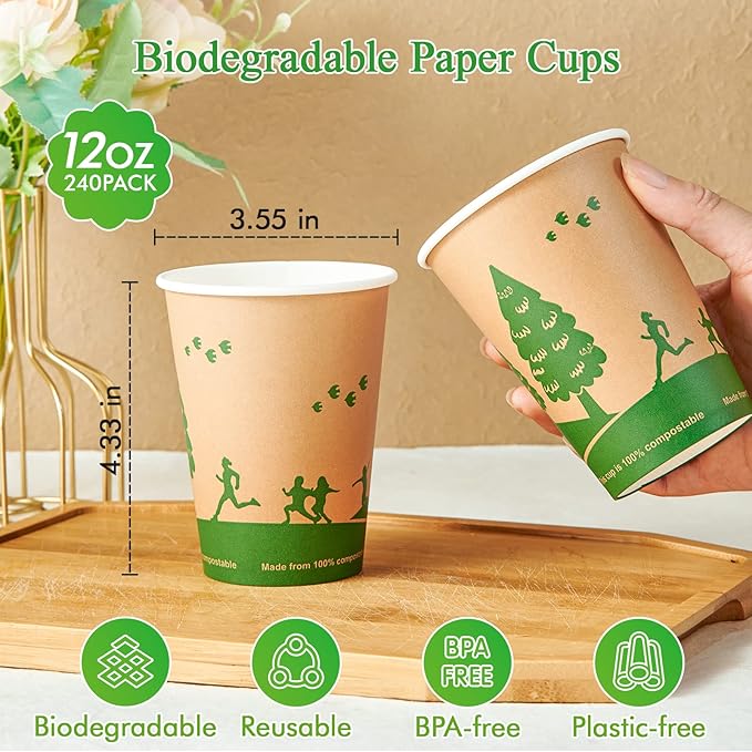 ECOLipak 240 Count 12 oz Compostable Paper Cups, Biodegradable Disposable Paper Coffee Cups with PLA Lined, Eco-friendly Hot Paper Cups for Party, Picnic,Travel,and Events