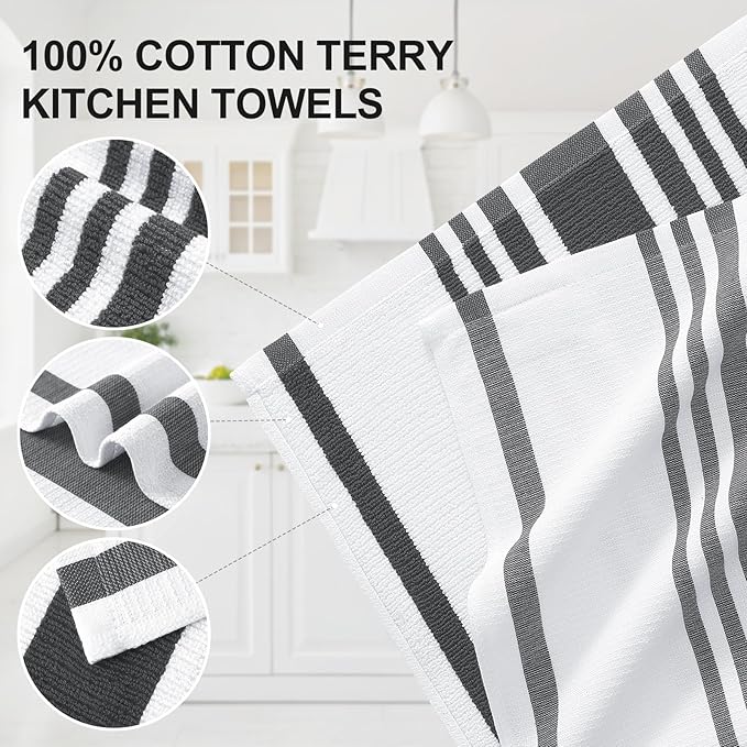 Homaxy Premium Kitchen Towels 18”x 28”, Large Cotton 380 GSM Kitchen Hand Towels, Stripe and Terry Dish Towel, Highly Absorbent Tea Towel Set with Hanging Loop, 6 Pack, Black