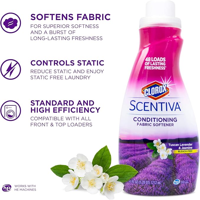 Clorox Scentiva Liquid Laundry Fabric Softener, Tuscan Lavender & Jasmine Scent - Bleach-Free Fabric Conditioner with Great Smell, 41 Fl Oz - 2 Pack