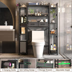 Besiost Over The Toilet Storage with 2 Drawers - 11 Tier Bathroom Organizer Freestanding Space Saver Storage Rack with Adjustable Shelf Above Toilet Stand with 4 Hooks for Restroom, Laundry, Black