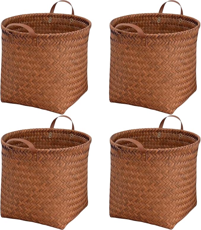 GIB Wicker Storage Baskets for Shelves, 11"x12" Round Woven Storage Cube Bins Organizer, Faux Rattan Wicker Blanket Basket for Organizing Clothes Toys Laundry Closet, 4 Pack, Brown