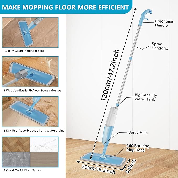 Spray Mops for Hardwood Floor Cleaning: MEXERRIS Wet Jet Mop with 3 Microfiber Washable Pads for Swiffer Powermop - Flat Floor Mop with Sprayer for Wood Laminate Ceramic Tiles Vinyl