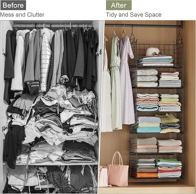 Hanging Closet Organizer and Storage - 8 Tier Closet Hanging Organizer Shelves, Metal & Foldable Hanging Storage Organizer Baskets with Adjustable Dividers for Clothing Sweaters Shoes Handbags