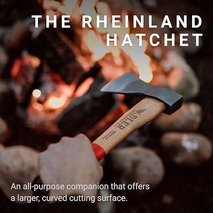Adler Rheinland Camping Hatchet with Leather Sheath - German Forged, 14" Hickory Handle, Compact Hatchet for Hiking, Bushcraft, Wood Carving, Preparing Kindling (Red Stripe)