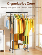 Double Rods Clothes Rack, Rolling Clothing Rack with Wheels, Metal Clothing Racks for Hanging Clothes, Portable Garment Rack Sturdy Closet Rack Trending Coat Rack for Laundry Bedroom Living Room