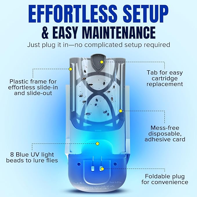 1 Fruit Fly Trap & 5 Adhesive Cartridges, Indoor Plug-in Bug Catcher, UV Light Fly Trap Captures Fruit Flies, Gnats, Houseflies, Moths, and Flying Insects for Kitchen, Bathroom, Plant Areas