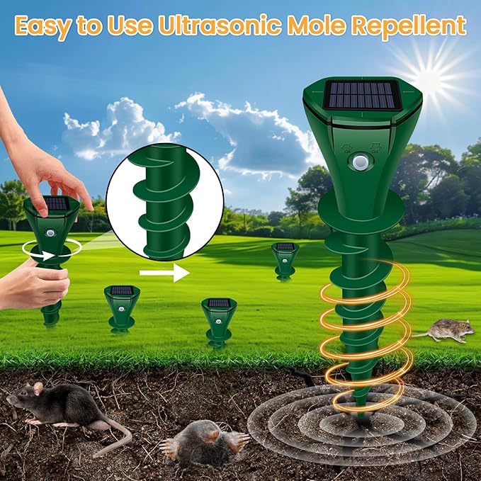 Solar Mole Repellent Ultrasonic, Vole Repeller with 3 Modes & IP65 Waterproof, Gopher & Snake Repellent for Lawn Garden Yard, 5000 SqFt Coverage for Moles Gophers Voles Snakes Groundhogs, 4 Pack