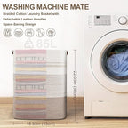 85L Tall Laundry Hamper with Handles for Living Room Storage, Extra Large Woven Rope Baskets Bin for Blanket, Kids Toy, Gifts, Wicker Hamper for Bedroom Dirty Clothes, 17"x14"x22" White Brown