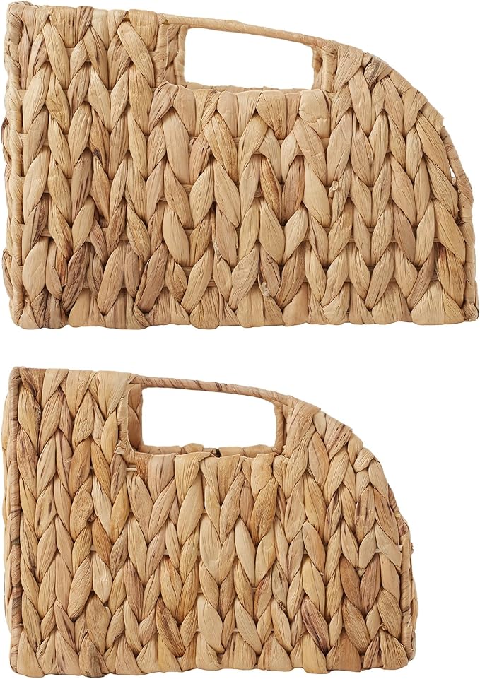 Casafield Set of 2 Water Hyacinth Pantry Baskets with Handles - Natural, Woven Storage Bin Organizers for Kitchen Shelves, Medium and Large Sizes