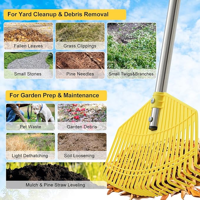 Plastic Garden Rake for Leaves - Lightweight Leaf Rake with Anti-Break Nylon Head, 16.5" Wide, 35–75" Adjustable Yard Rake for Lawn,Gardening,Grass & Pine Needles, Easy for Women, Seniors & Kids