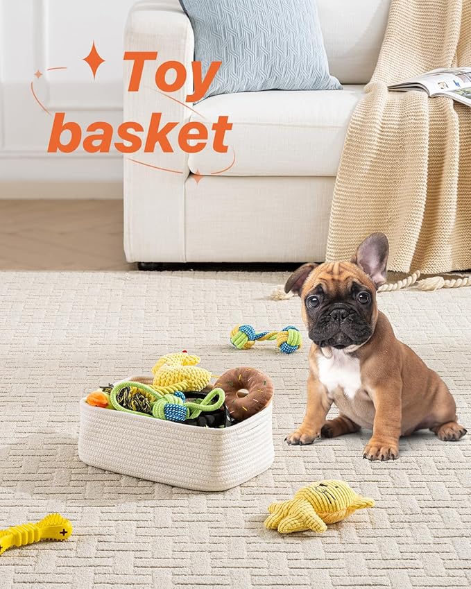 KALLAX Small Woven Basket, 12 x 8 x 4.5 Inches, Storage Basket for Organizing, Cute Small Rope Shelf Closet Cube Storage Bins Baskets for Shelves, Dog Toy Gift Baskets Empty, 3 Packs, Off White