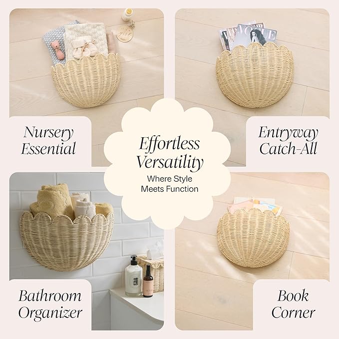 BEBE BASK The Original Scalloped Wicker Wall Basket – Set of 2 – Handwoven Scalloped Wall Baskets (16 x 10 x 7 in), Woven Rattan Wall Hanging Baskets - Natural Scalloped Basket