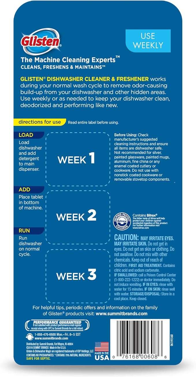 Glisten DT0312T Dishwasher Cleaner & Freshener, 3 Tablets, Clear, 3 Count