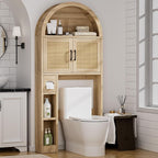 Spurgehom Over The Toilet Storage Cabinet, Bathroom Shelf Organizer Freestanding, Bathroom Arch Cabinet Over Toilet with Toilet Paper Holder and Anti-Tipping Device (Wood & Wicker Door)