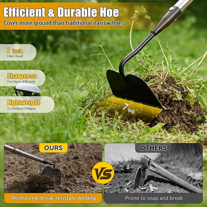 Garden Hoe Tool, 65 Inches Stainless Steel Long Handle Hoe Garden Tool, Garden Hoe for Weeding with 7-inch Wide Welded Blade, Garden Hoes for Weeding, Cultivating, Digging, Loosening, and Planting