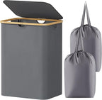 Lifewit 150L Laundry Basket with Lid, Clothes Hampers for Laundry with Bamboo Handles and 2 Removable Bags, Large Foldable Laundry Hamper for Bedroom, Bathroom, Dorm, Grey