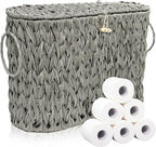 Pumtus Toilet Paper Storage Basket, Handwoven Toilet Paper Holder with Lid & Handle, Large Decorative Container for up to 6 Rolls, Plastic Trash Bin Magazine Organizer for Bathroom, Office