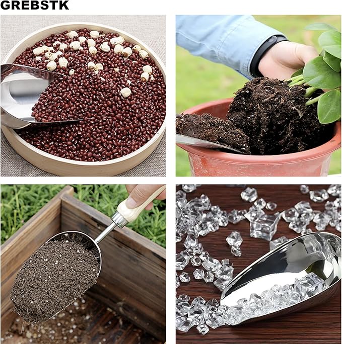 GREBSTK 13.2IN Hand Large Capacity Stainless Steel Ice Scoop Soil Shovel Stainless Steel Gardening Trowel for Ice Machines, Buckets, Dog Food, Flour, and Canisters – Ideal for Bar, Garden, Parties