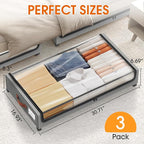 SpaceHacks Under Bed Storage with Wheels 3Pack Underbed Storage with Clear Window&Label Under Bed Drawers Large Capacity Rolling Under Bed Storage for Clothes,Shoes, Blankets (Light Grey)