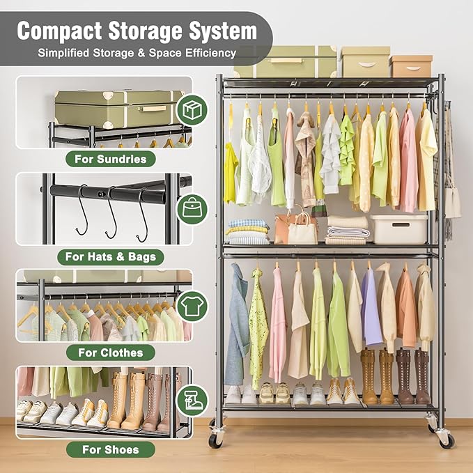 Neatrays Rolling Clothes Rack for Hanging Clothes, 47.2"x 11.8"x 79" Large Capacity Garment Rack with Double Rods & 3 Wire Shelves, Portable Closet with Wheels for Bedroom, Laundry, Balcony (Black)