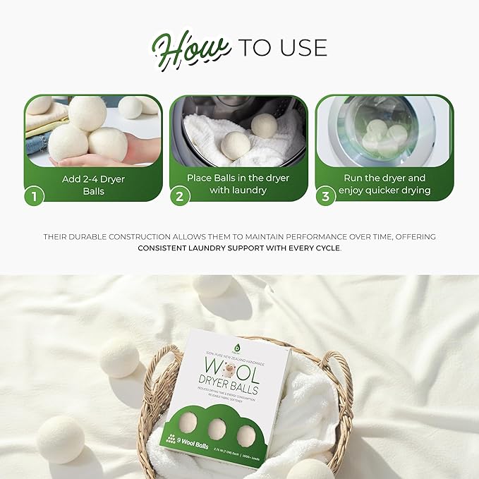 Pursonic XL Laundry Wool Dryer Balls Made with 100% Pure New Zealand Wool - Natural Reusable Fabric Softener Balls for Drying Time & Energy Consumption - Reduces Clothing Wrinkles & Lint - Set of 9