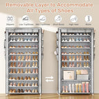 VTRIN Tall Shoe Rack with Cover, 10 Tier Shoe Organizer Storage for 50-55 Pairs Shoes and Boots Large Capacity Shoe Shelf with 8 Pockets Free Standing Shoe Rack for Closet, Entryway, Garage, Printing