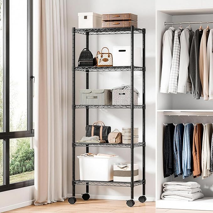 DUMOS Industrial 5 Level Grid Storage Rack ，Mobile Metallic Shelving System with Lockable Wheels， Multi-Purpose Cabinet for Workshop, Culinary Space, Storeroom, Washroom & Restroom Black