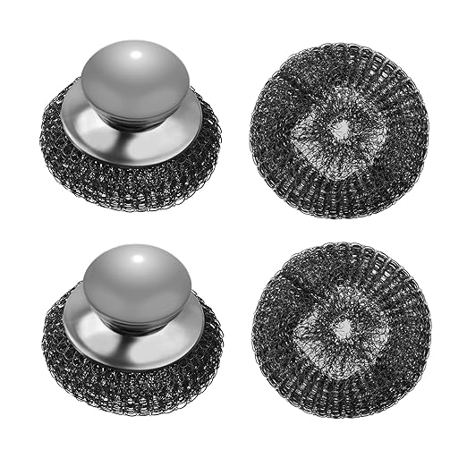 2Pcs Stainless Steel Wool Scrubber Set with Handle，2 Replacement Steel Scrubber Wool Pads, and Scrubbing Brushes Cleaning Supplies for Pots, Pans, Grills, Sink
