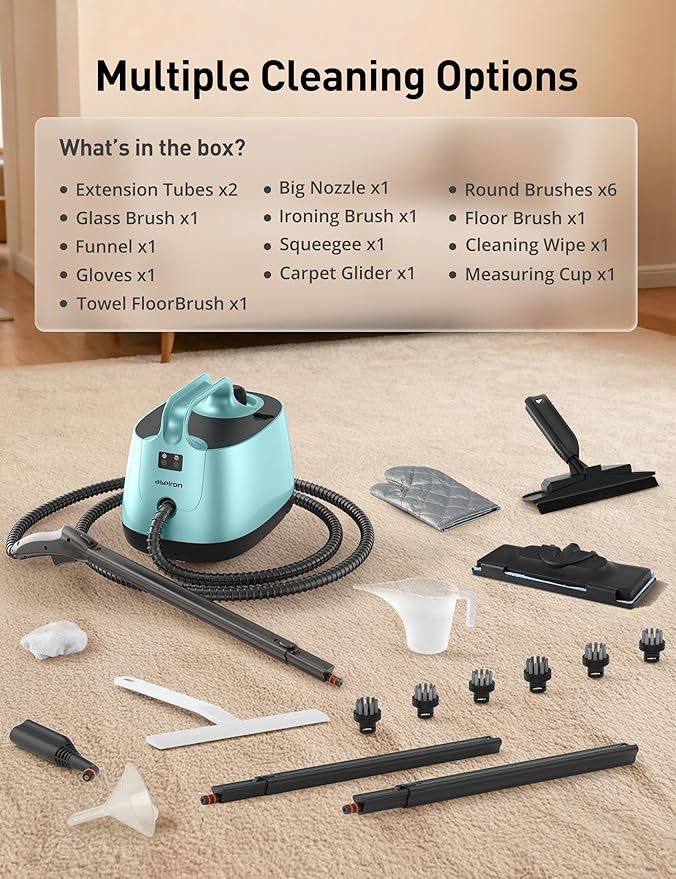 Aspiron Steam Cleaner, 293°F 58 PSI Powerful Multipurpose Handheld Steam Mop for Home Use, 21 Attachments, 50Oz Capacity, Heavy Duty Steamer for Carpets, Floors, Cars, Tiles, Crack Cleaning, Blue