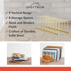 Spectrum Euro Kitchen Organizer Metal Dish Rack Cutting Board Holder Stand for Countertop or Inside Cabinet Organization, 8 Slot Cutting Board Plate Drying Rack for Bakeware Storage, Gold