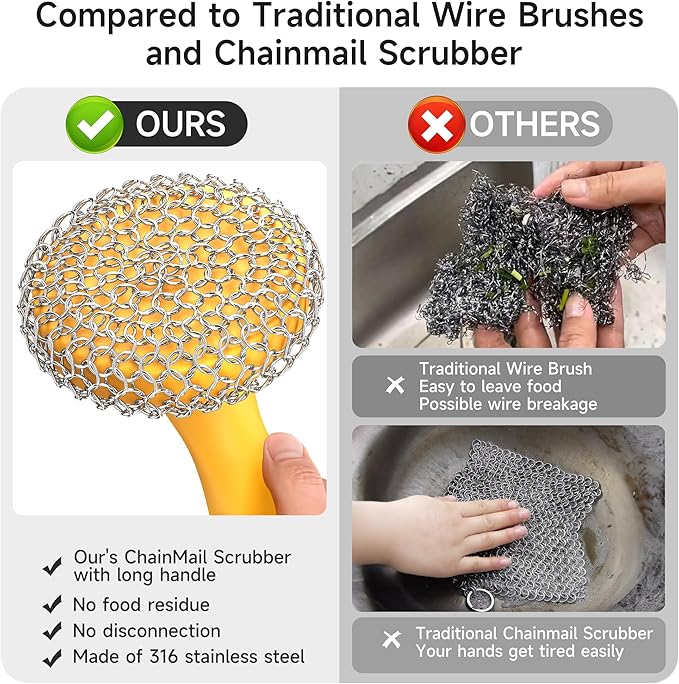 SUBEKYU Cast Iron Scrubber with Silicone Handle, Stainless Steel Skillet Cleaner for Cast Iron Pans (Yellow)