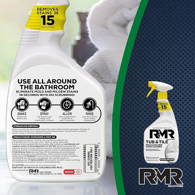 RMR - Tub and Tile Cleaner, Industrial-Strength, No-Scrub Foam Cleaner, Modern Orchard Scent, 30 Fl Oz