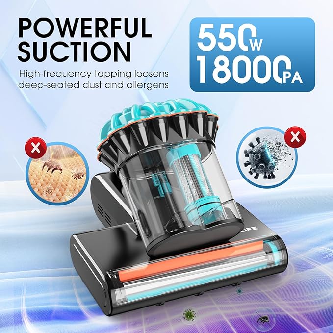 Belife M8 Mattress Vacuum Cleaner, Anti-allergen Bed Vacuum Cleaner with UV & Hot Air & High Heating, 550W 18Kpa Powerful Suction Double-Cup Handheld Vacuum for Bed, Couch, Sofa, Corded (Blue)