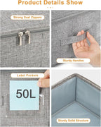punemi Under Bed Storage, 3 Pack Underbed Storage Container Bags With Lid, Foldable Sturdy Clothes Storage Drawer Organizer W/ 3 Handles, Ultra Thick Fabric Blanket Shoe Storage Box, Grey