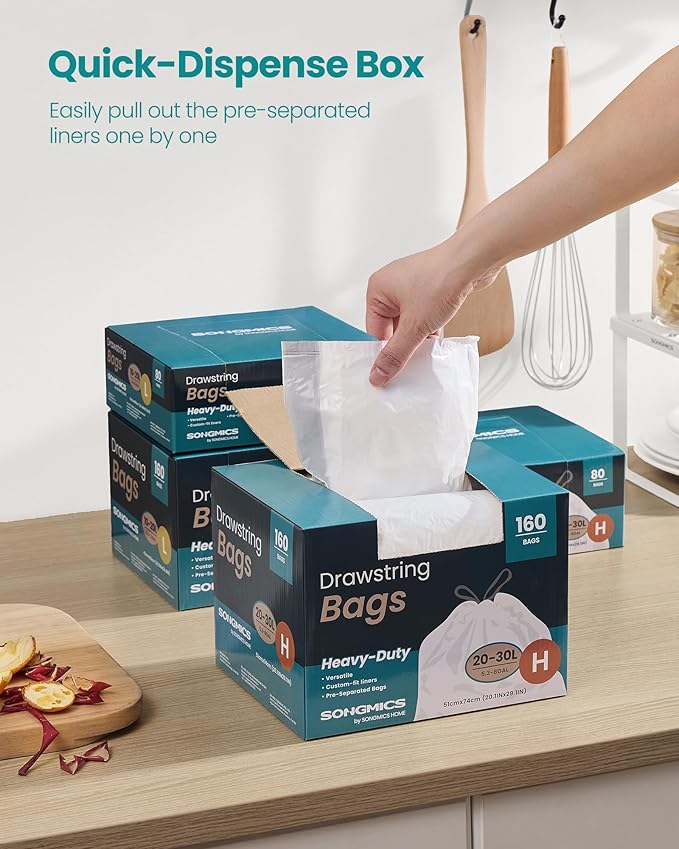 SONGMICS Trash Bags for 8-Gallon (30 L) Trash Cans, Drawstring Kitchen Garbage Bags, Pre-Separated, Quick-Dispense Box, Liner Code H, 4 Rolls, 160 Count, White UKRB031A04