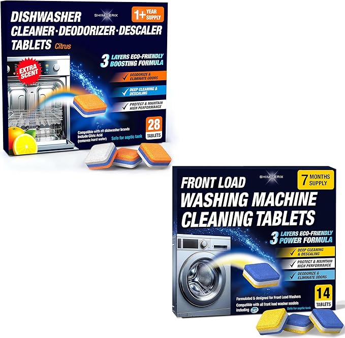 Washing Machine Cleaner Tablets Front Load 14 Pack & Dishwasher Cleaner Deodorizer Descaler Tablets 28 Pack Bundle - 1 Plus Year Supply - Septic Safe Eco Friendly Formula