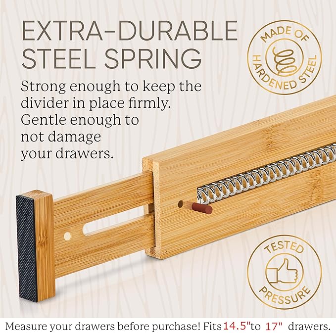 Night Tree Expandable Bamboo Drawer Dividers – Spring-Loaded Wooden Organizers for Clothes, Kitchen Utensils, Bathroom, and Dresser Drawers (14.5" to 16.5")