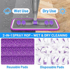 Spray Mops for Floor Cleaning - Wet Dry Mops with 2 Washable + 2 Disposable Pads for Swiffer Powermop - Refillable Bottle for Hardwood Tile Home Kitchen - Absorbs Pet Hair Dust Stains