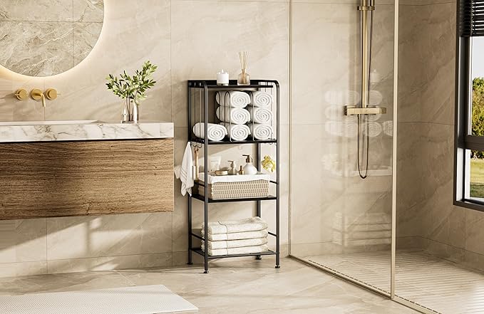 TETOTE 4-Tier Towel Rack for Bathroom M-Shaped Detachable Dividers & Hooks, Free Standing Towel Holder Bathroom Towel Storage Organizer for Pool, Kitchen, Laundry, Black