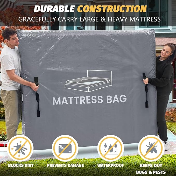 Mattress Bags for Moving and Storage, BETU Waterproof Mattress Protector Twin XL Mattress Cover with 8 Heavy Duty Handles and Zipper Extra Thick Moving Supplies for Dorm (2 Pack:82x42x13.5 Grey)