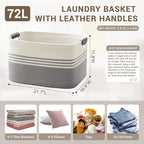 72L Large Laundry Basket with Leather Handles for Living Room Storage, Woven Rope Baskets Bin for Blanket, Kids Toy, Gifts, Wicker Hamper for Bedroom Dirty Clothes, 22"x17"x12" White Grey