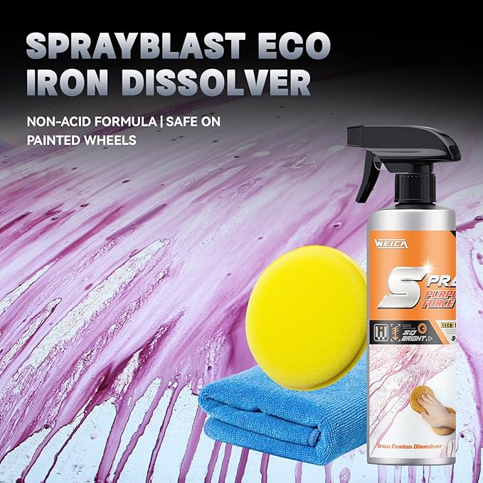 SprayBlast Eco Iron Dissolver - Non-Acid Rust Remover for Metal Tools & Car Parts | Safe on Painted Wheels | Purple Reaction Technology | 10.15 FL OZ